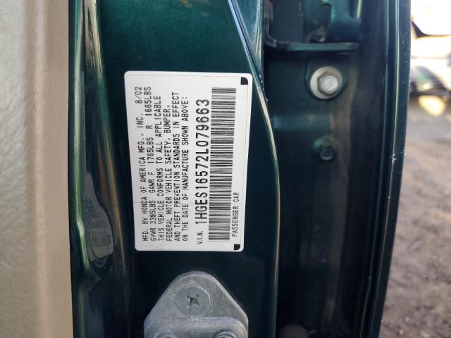 1HGES16572L079663 - 2002 HONDA CIVIC LX GREEN photo 12