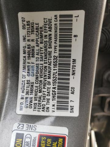 1HGFA15537L116532 - 2007 HONDA CIVIC LX GRAY photo 12