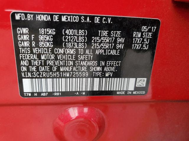 3CZRU5H51HM725599 - 2017 HONDA HR-V EX RED photo 12