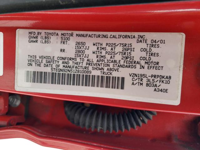 5TEGN92N51Z810089 - 2001 TOYOTA TACOMA DOUBLE CAB PRERUNNER RED photo 12