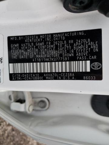 4T1B11HK7KU777591 - 2019 TOYOTA CAMRY L WHITE photo 12