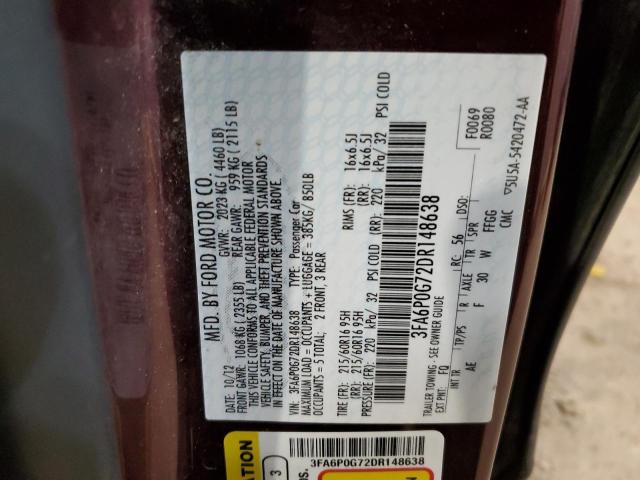 3FA6P0G72DR148638 - 2013 FORD FUSION S PURPLE photo 12