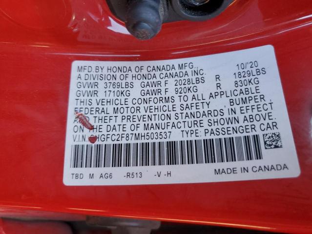 2HGFC2F87MH503537 - 2021 HONDA CIVIC SPORT RED photo 12