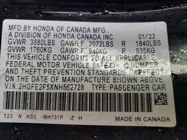 2HGFE2F5XNH562728 - 2022 HONDA CIVIC SPORT BLACK photo 13