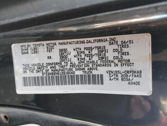 5TESN92N61Z816042 - 2001 TOYOTA TACOMA XTRACAB PRERUNNER 黑色 照片 12