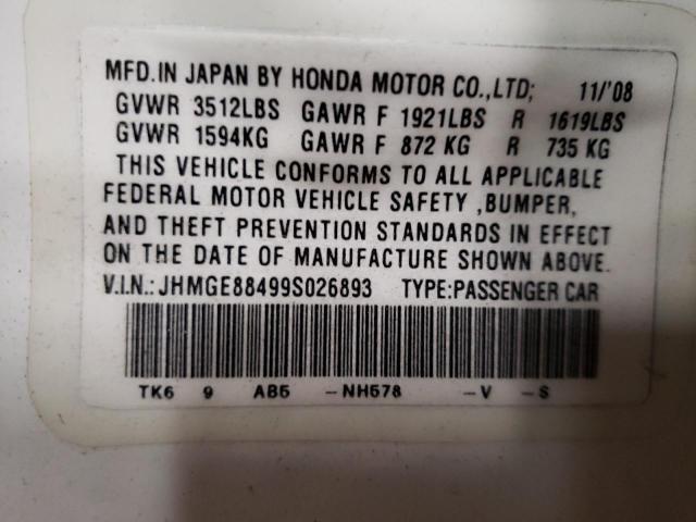 JHMGE88499S026893 - 2009 HONDA FIT SPORT WHITE photo 12