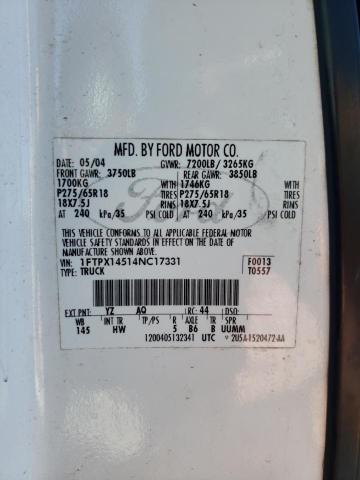 1FTPX14514NC17331 - 2004 FORD F150 WHITE photo 12