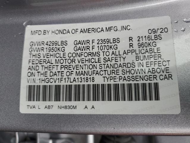 1HGCV1F17LA131818 - 2020 HONDA ACCORD LX SILVER photo 12