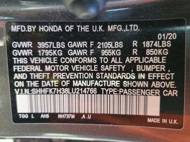 SHHFK7H38LU214766 - 2020 HONDA CIVIC LX GRAY photo 13