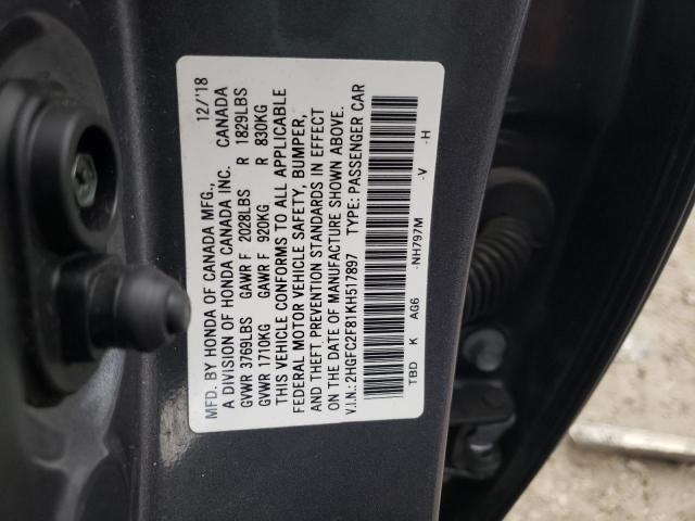 2HGFC2F81KH517897 - 2019 HONDA CIVIC SPORT 灰色 照片 12