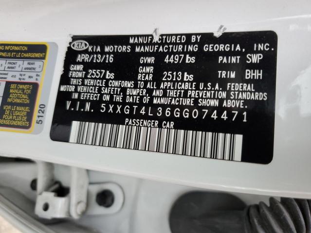 5XXGT4L36GG074471 - 2016 KIA OPTIMA LX WHITE photo 12