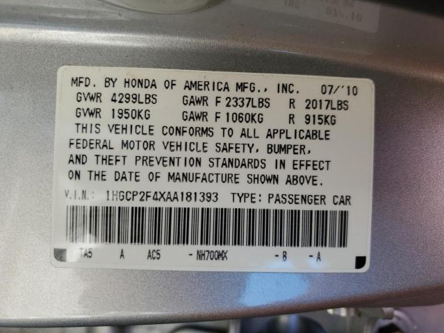 1HGCP2F4XAA181393 - 2010 HONDA ACCORD LXP SILVER photo 12