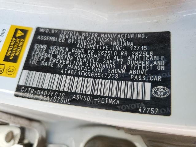 4T4BF1FK9GR547228 - 2016 TOYOTA CAMRY LE WHITE photo 12
