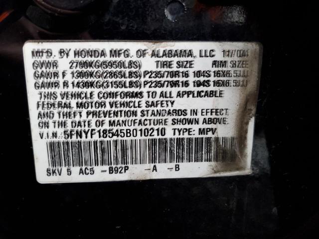 5FNYF18545B010210 - 2005 HONDA PILOT EXL BLACK photo 13