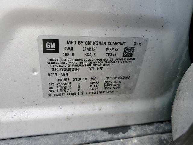 KL7CJPSB8LB039863 - 2020 CHEVROLET TRAX 1LT SILVER photo 12