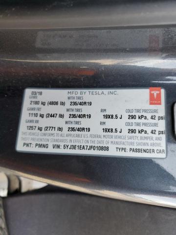 5YJ3E1EA7JF010808 - 2018 TESLA MODEL 3 GRAY photo 12