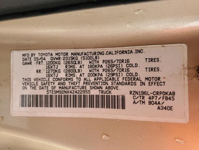 5TESM92NX4Z422955 - 2004 TOYOTA TACOMA XTRACAB PRERUNNER თაფლისფერი ფოტო 12