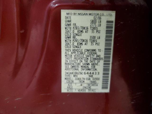 5N1AR18U26C644433 - 2006 NISSAN PATHFINDER LE წითელი ფოტო 12