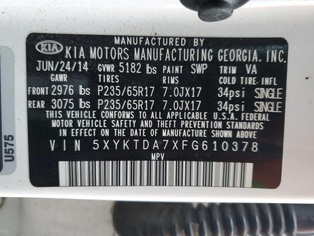 5XYKTDA7XFG610378 - 2015 KIA SORENTO LX WHITE photo 12