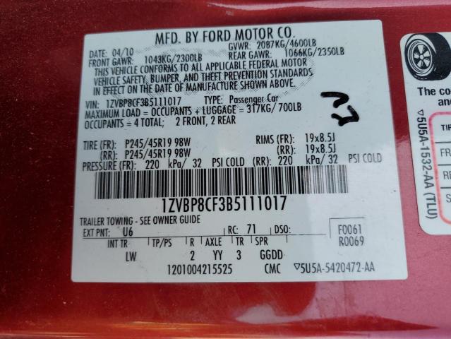 1ZVBP8CF3B5111017 - 2011 FORD MUSTANG GT RED photo 12