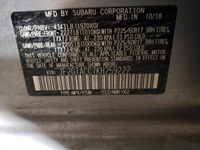 JF2GTACC7KH259222 - 2019 SUBARU CROSSTREK PREMIUM ვერცხლისფერი ფოტო 12