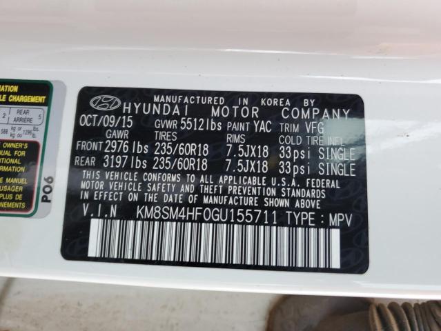 KM8SM4HF0GU155711 - 2016 HYUNDAI SANTA FE SE WHITE photo 13