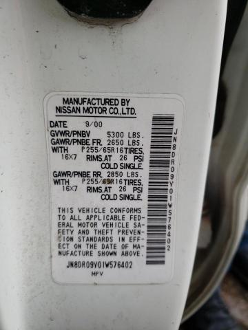 JN8DR09Y01W576402 - 2001 NISSAN PATHFINDER LE 白色 照片 12