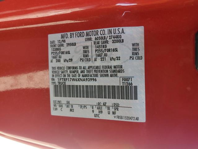 1FTRF17W6XNA93996 - 1999 FORD F150 RED photo 12