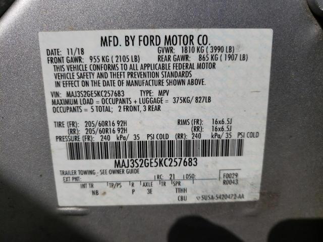 MAJ3S2GE5KC257683 - 2019 FORD ECOSPORT SE SILVER photo 12