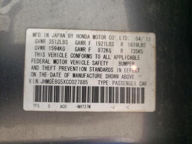 JHMGE8G5XCC027885 - 2012 HONDA FIT SPORT GRAY photo 12