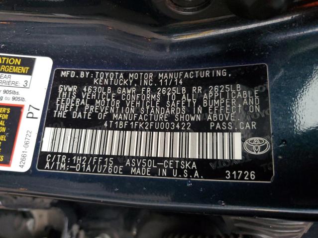 4T1BF1FK2FU003422 - 2015 TOYOTA CAMRY LE BLACK photo 12