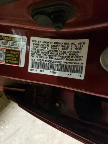 1HGFA16506L058022 - 2006 HONDA CIVIC LX MAROON photo 13