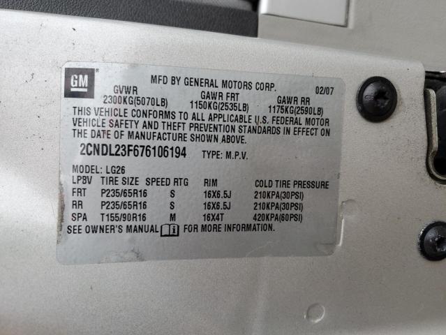 2CNDL23F676106194 - 2007 CHEVROLET EQUINOX LS SILVER photo 13