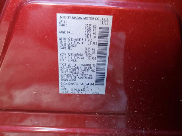 5N1AR2MM7GC605494 - 2016 NISSAN PATHFINDER S 红色 照片 13