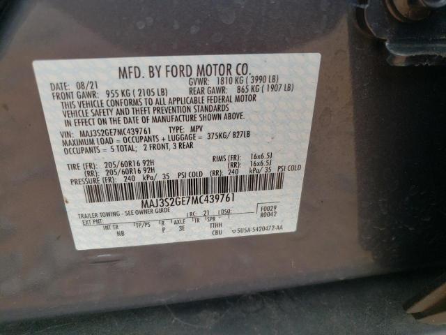 MAJ3S2GE7MC439761 - 2021 FORD ECOSPORT SE GRAY photo 12
