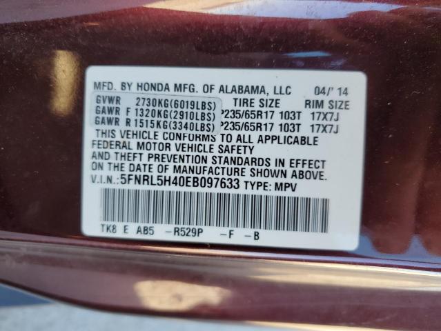 5FNRL5H40EB097633 - 2014 HONDA ODYSSEY EX MAROON photo 13