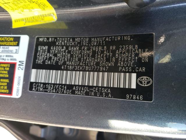 4T1BF3EK7BU777947 - 2011 TOYOTA CAMRY BASE GRAY photo 12