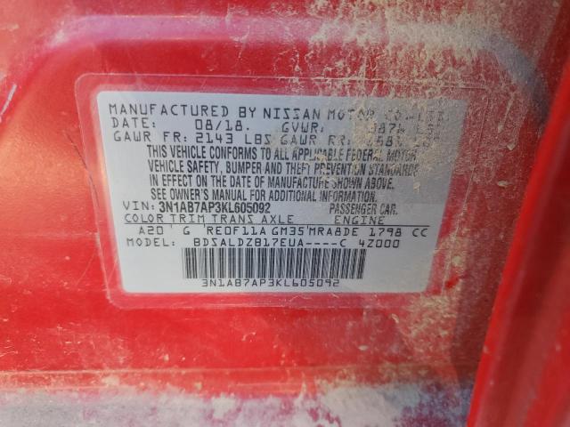 3N1AB7AP3KL605092 - 2019 NISSAN SENTRA S RED photo 12