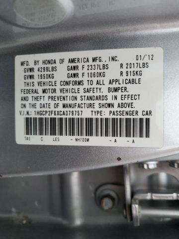 1HGCP2F6XCA079757 - 2012 HONDA ACCORD SE SILVER photo 12