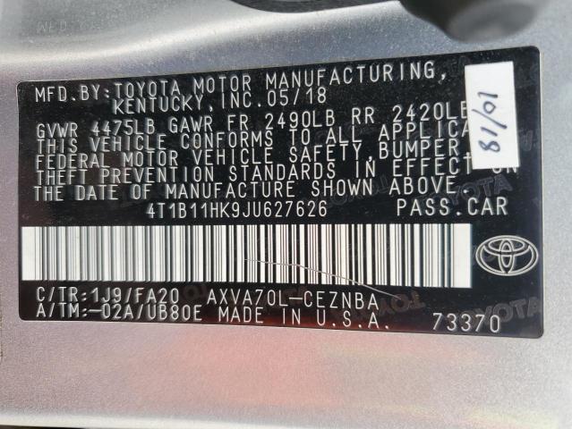 4T1B11HK9JU627626 - 2018 TOYOTA CAMRY L SILVER photo 13