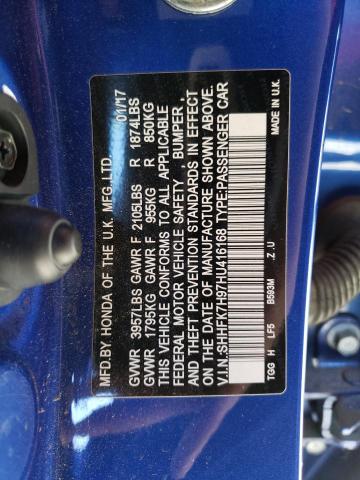 SHHFK7H97HU416168 - 2017 HONDA CIVIC SPORT TOURING Көк фото 12