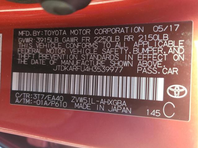 JTDKARFU4H3539977 - 2017 TOYOTA PRIUS RED photo 13