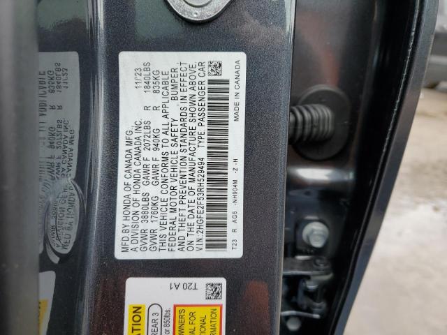 2HGFE2F53RH529494 - 2024 HONDA CIVIC SPORT GRAY photo 12