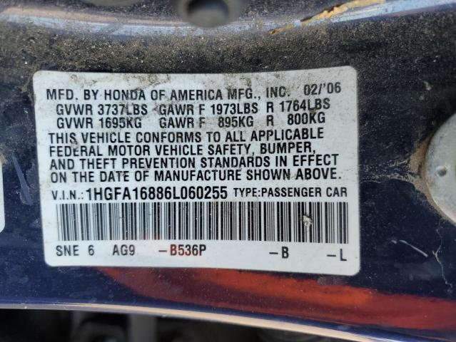 1HGFA16886L060255 - 2006 HONDA CIVIC EX BLUE photo 12