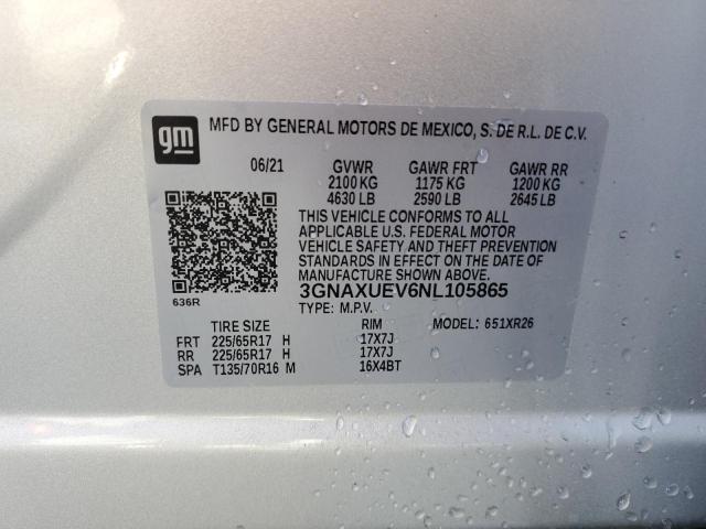 3GNAXUEV6NL105865 - 2022 CHEVROLET EQUINOX LT SILVER photo 13