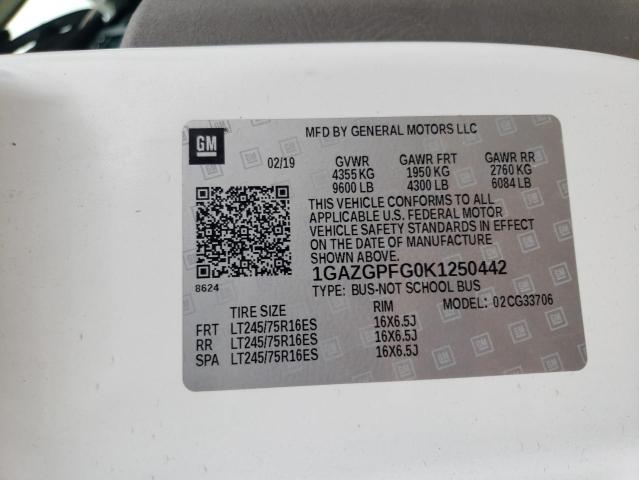 1GAZGPFG0K1250442 - 2019 CHEVROLET EXPRESS G3 LT WHITE photo 12