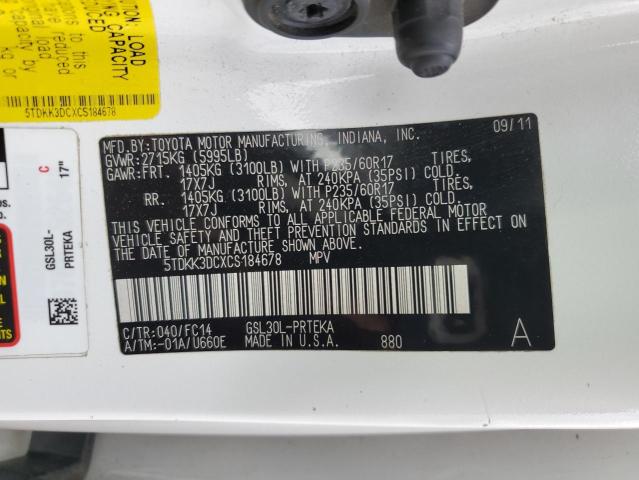 5TDKK3DCXCS184678 - 2012 TOYOTA SIENNA LE WHITE photo 13