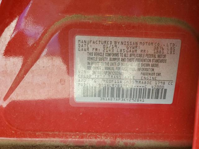 3N1AB7AP3KY292841 - 2019 NISSAN SENTRA S RED photo 12