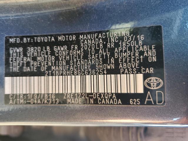 2T1BPRHE8GC636254 - 2016 TOYOTA COROLLA ECO GRAY photo 12