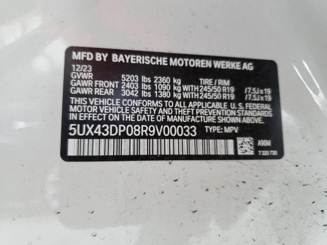 5UX43DP08R9V00033 - 2024 BMW X3 SDRIVE30I WHITE photo 12